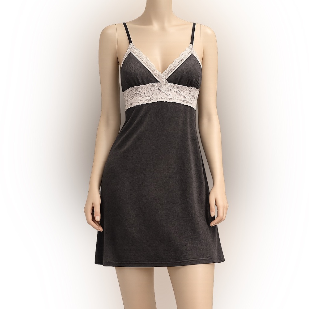 Charcoal Lace-Trim Chemise with Ivory Accents
